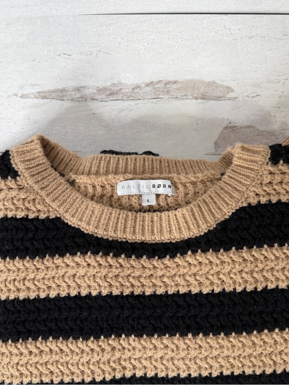 Baltic Born “Liam Chunky Knit Sweater” - Black & Beige Striped Crewneck Sweater - Picture 3 of 5